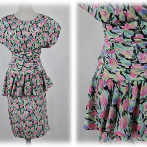 Vintage 1980s Dress Tulip Print Peplum Dress Size 5