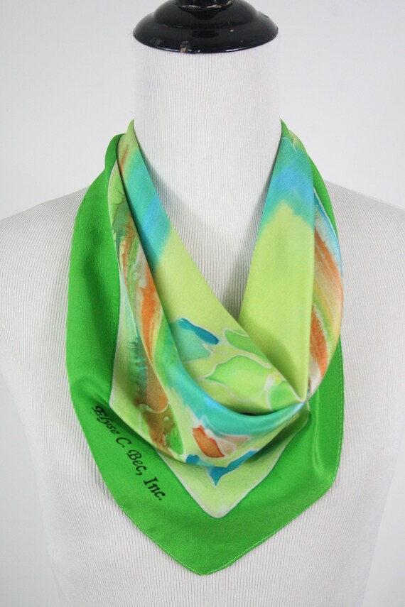 Vintage Scarf Silk Grass Green Watercolor Small S… - image 6