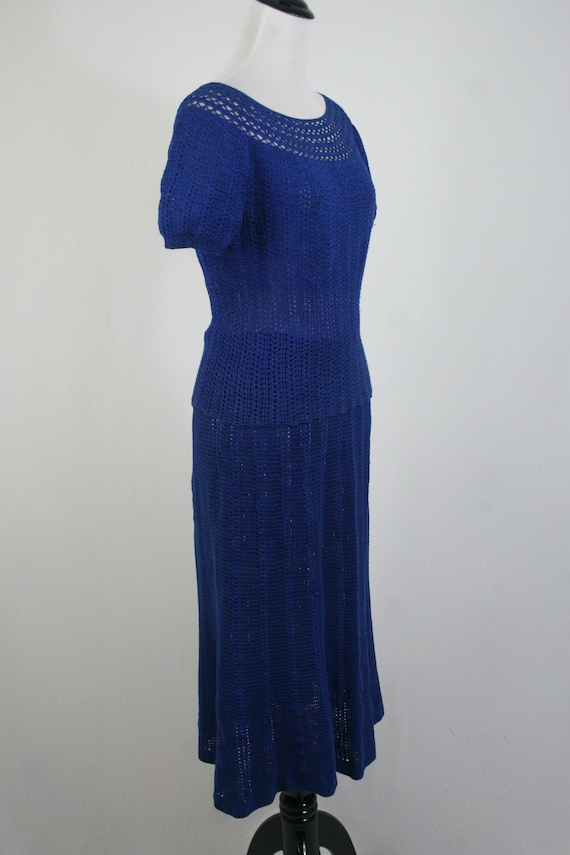 Vintage 1930s Crocheted Royal Blue Skirt and Blou… - image 5