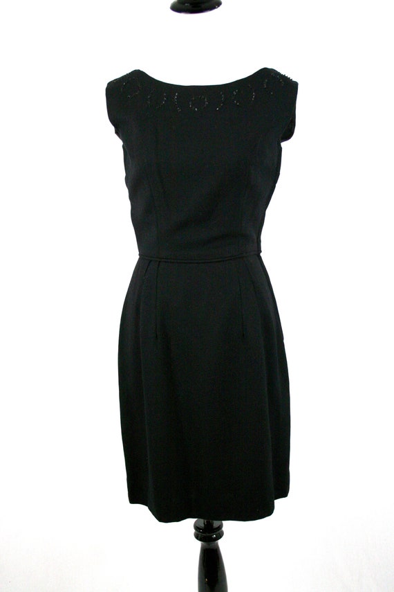 1960s Little Black Dress Back Beaded Bow LBD - image 3