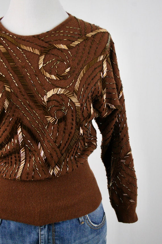 1980s Sweater Beaded Dolman Sleeve Pullover Sweat… - image 4