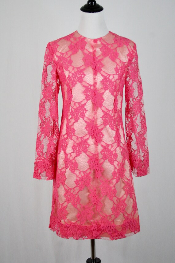 1960s Lace Dress Hot Pink Lace Sheath Bridesmaid … - image 3