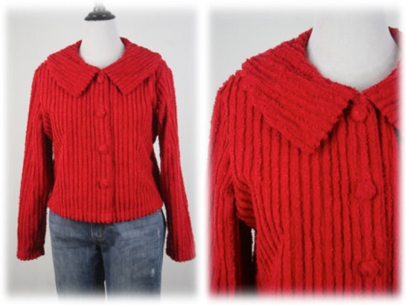 Vintage Chenille Jacket Red Cotton Cropped Jacket