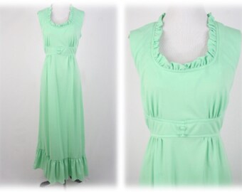 1970s Maxi Dress Green Ruffled Long Prom Dress