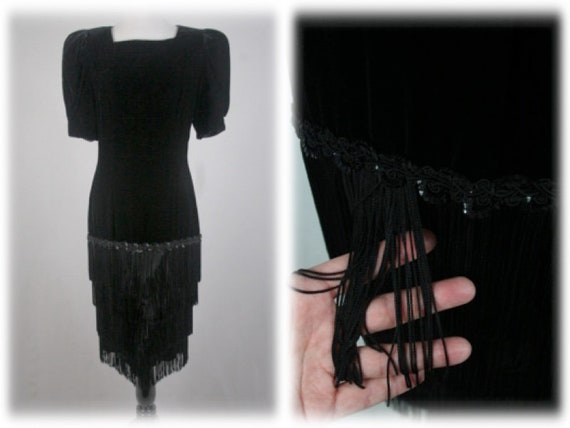 1980s Dress Black Velvet Fringe Bottom Opening Night Cocktail Dress - Etsy