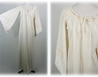 Vintage Dress Angel Sleeves Natural Crinkled Cotton with Crochet Trim Long Dress