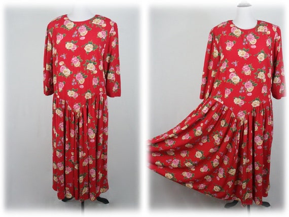 1990s Dress Rose Print Rayon E.D. Michaels Plus D… - image 1