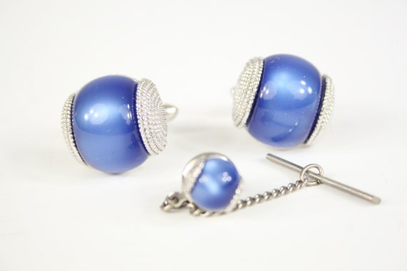 Vintage Cuff Links and Tie Clasp Blue Moon Glow S… - image 1