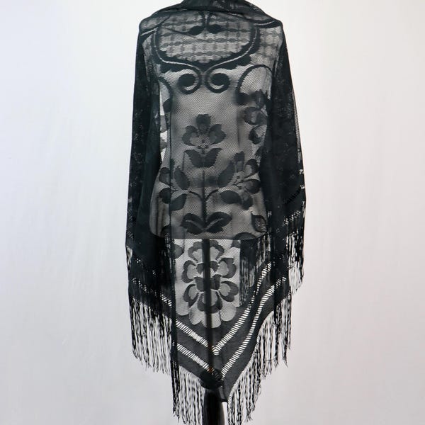 Vintage Shawl Black Lace Triangle Shawl