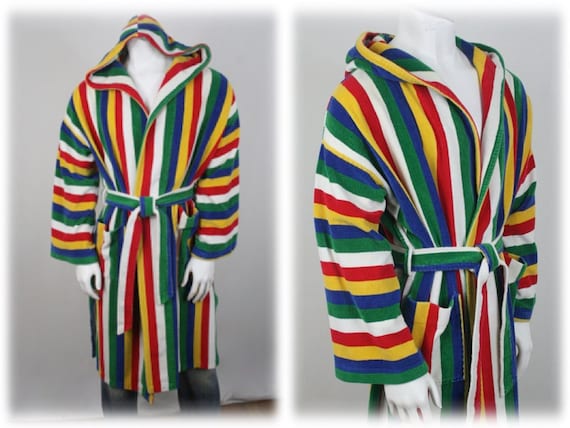 1970s Men's Robe Rainbow Striped Hooded Terry Clot