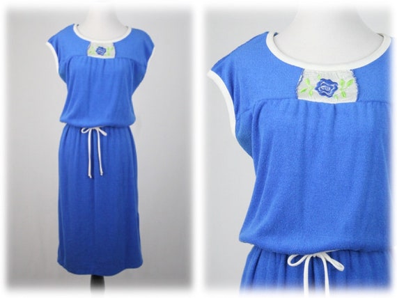 1970s Dress Blue Terry Cloth Dress