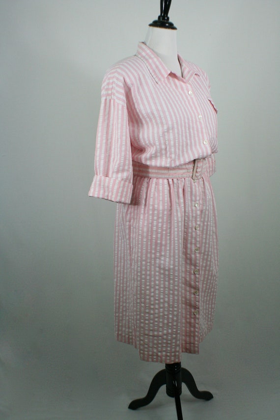 Vintage 1980s Dress Pink White Seersucker Shirt D… - image 5