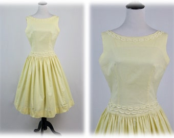 Vintage 1950s Dress Carole King Yellow Cotton Dropped Full Skirt Dress