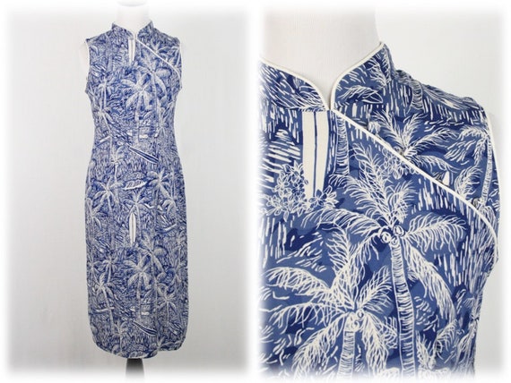 1980s Hawaiian Dress Rayon Cheongsam Palm Tree Pri