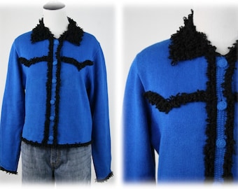 1990s Sweater Michael Simon Blue Cardigan Sweater Medium