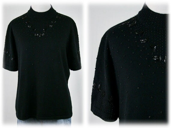 1990s Sweater Black Beaded Pullover Sweater XL - image 1