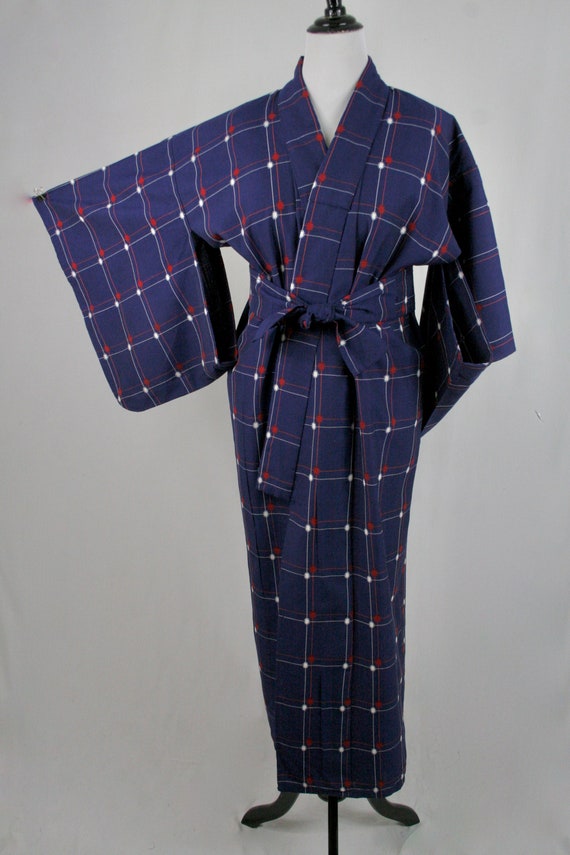 Vintage Kimono Red White Blue Robe - image 3