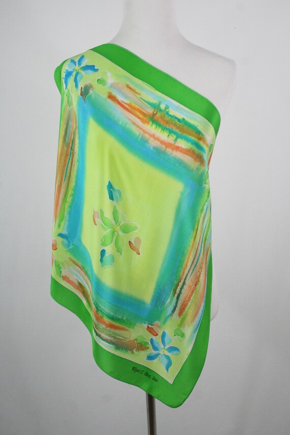 Vintage Scarf Silk Grass Green Watercolor Small S… - image 3