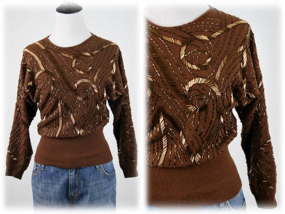 1980s Sweater Beaded Dolman Sleeve Pullover Sweat… - image 1