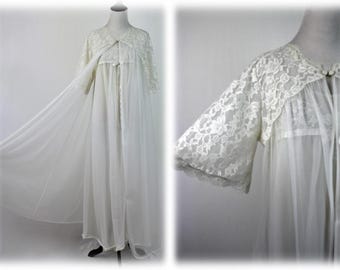 Vintage 1960s Peignoir Set White Chiffon Long Nightgown and Robe