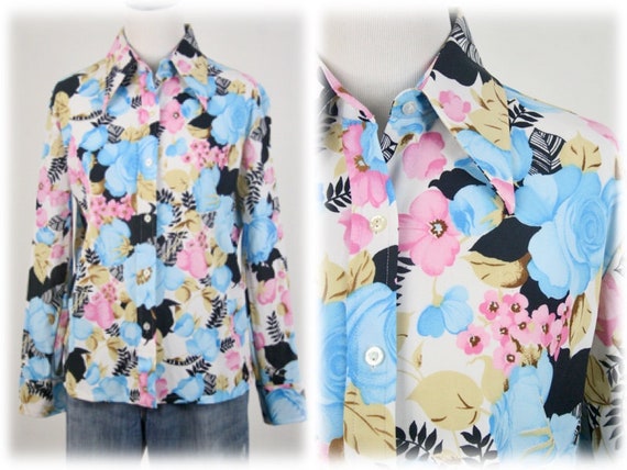 1970s Blouse Dagger Collar Floral Shirt Large - image 1