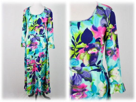 1970s Maxi Dress Barkcloth Liberty Circle Dress