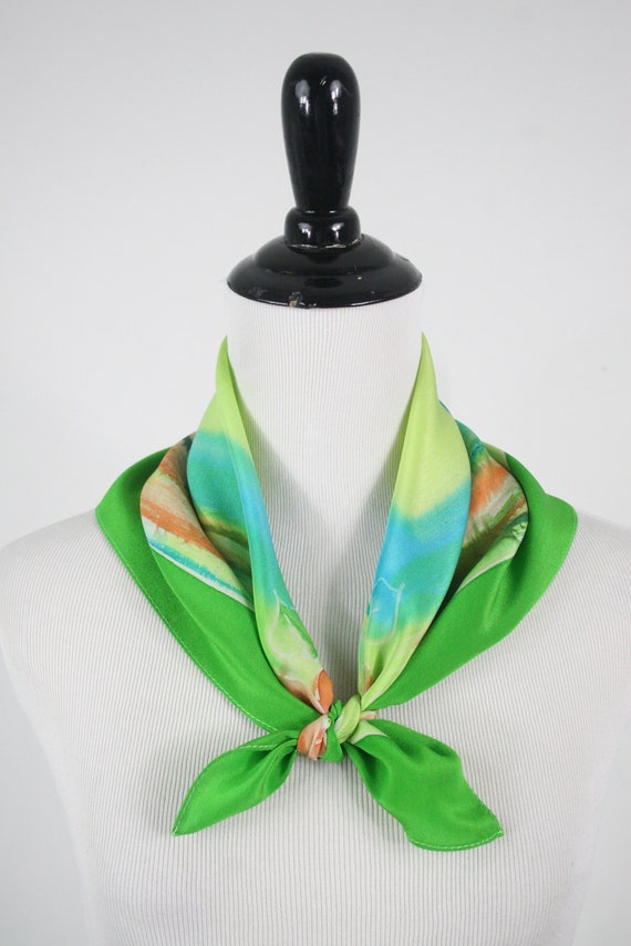 Vintage Scarf Silk Grass Green Watercolor Small S… - image 8