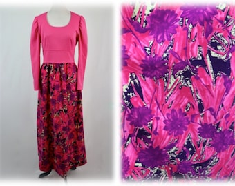 Vintage 1970s Dress Groovy Print Pink Maxi Dress