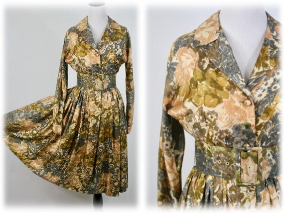 1950s Dress Silk Fit and Flare Wide Belt Mr. Mort
