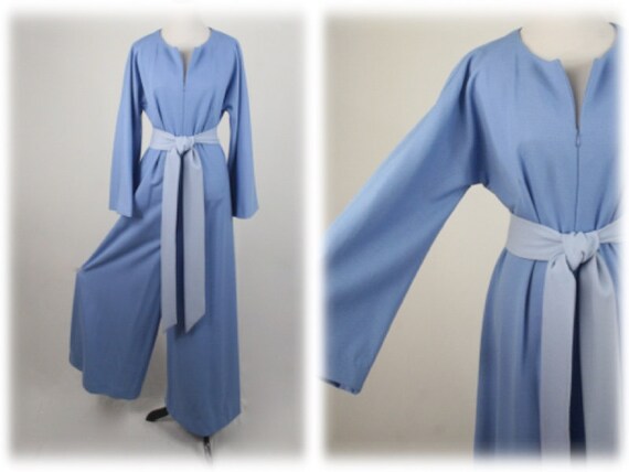 1970s Jumpsuit Blue Polyester Handmade Wide Leg Ju