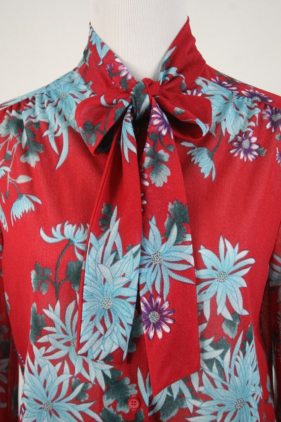 Vintage 1970s Blouse Pussy Bow Semi Sheer Floral … - image 5