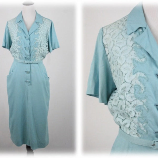 1950s Dress Turquoise Linen Lace Bodice Pockets Matching Belt by Original Franklin Waist 30"