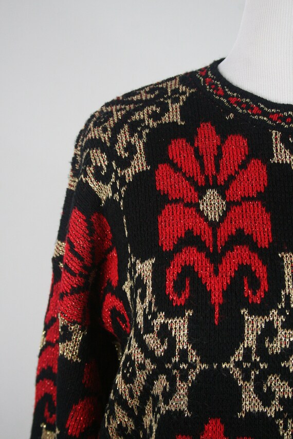 1980s Sweater Metallic Gold and Red Oversized Pul… - image 4