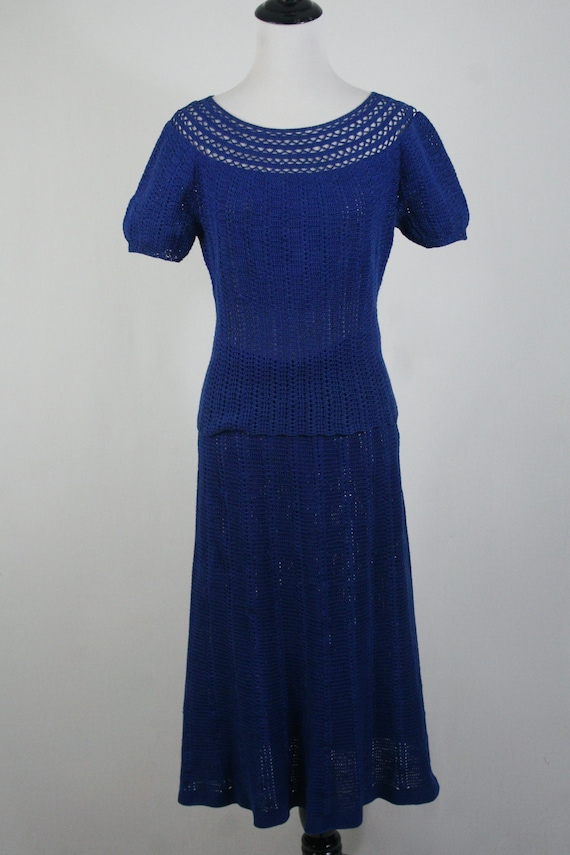 Vintage 1930s Crocheted Royal Blue Skirt and Blou… - image 3