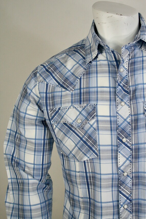 Vintage Western Shirt Wrangler Blue Paid Pearl Sn… - image 4