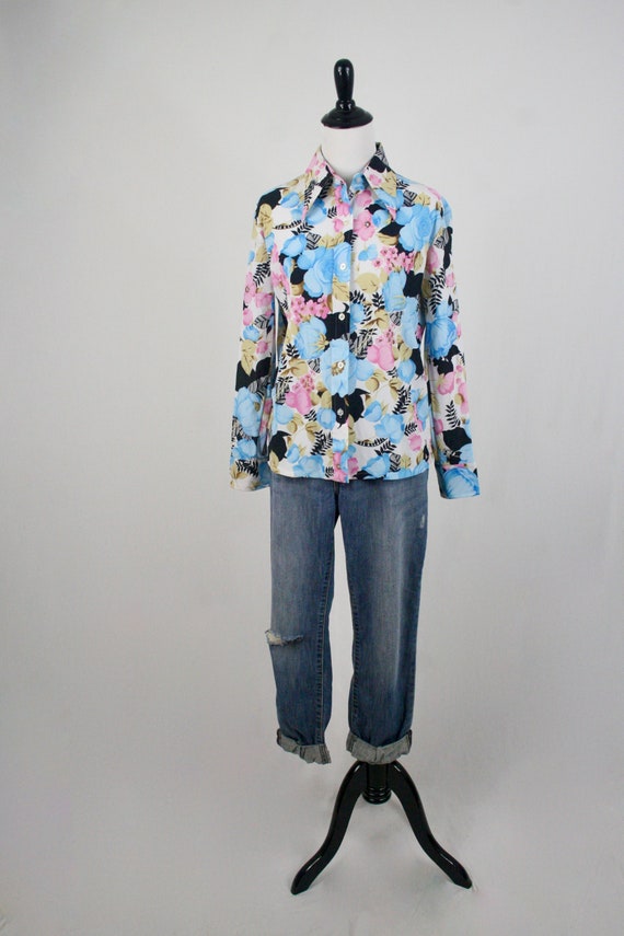 1970s Blouse Dagger Collar Floral Shirt Large - image 2