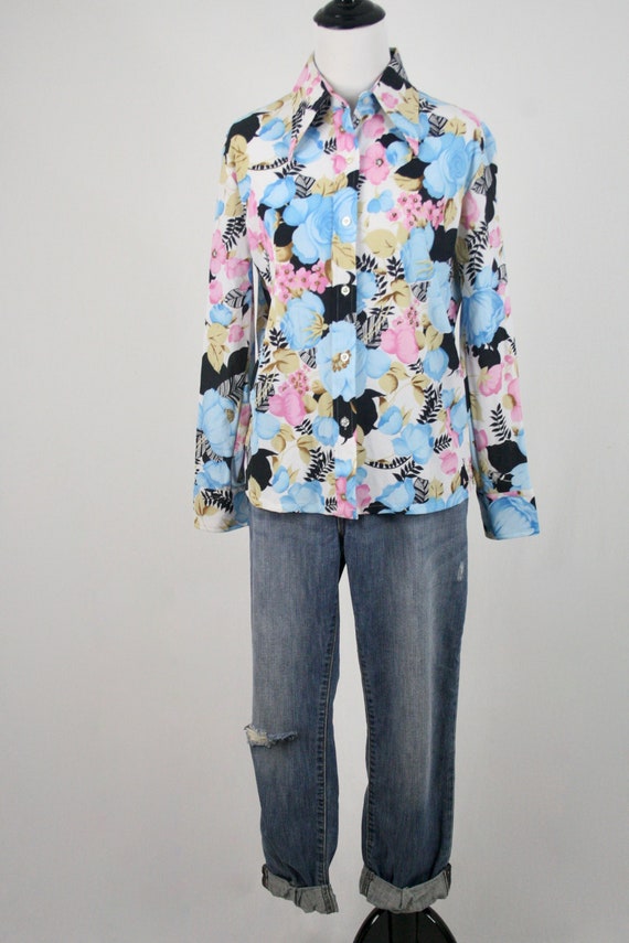 1970s Blouse Dagger Collar Floral Shirt Large - image 3