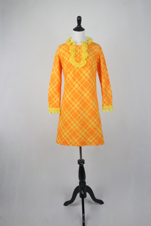 1960s Dress Orange Yellow Plaid Ruffled Jody of C… - image 2