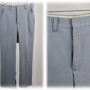 May include: Two pairs of gray pants. One pair is solid gray and the other pair has a white and black gingham pattern.