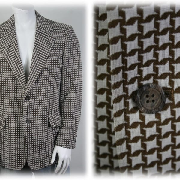 Vintage 1970s Sports Coat Panhandle Slim Houndstooth Polyester Double Knit Blazer Chest 44