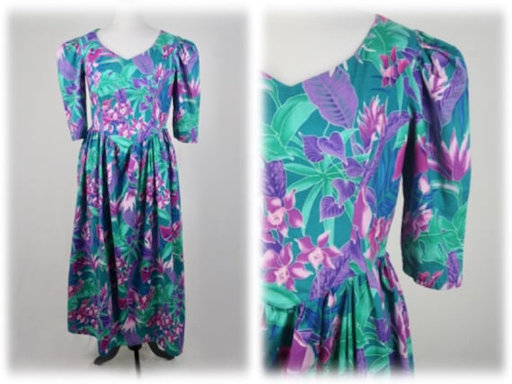 1980s Dress Cotton Tropical Print Handmade Dress V