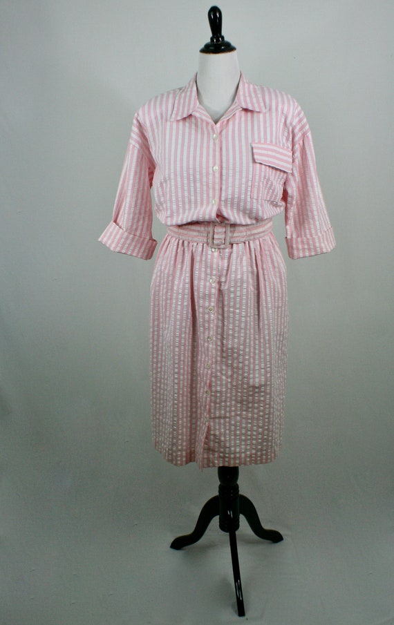 Vintage 1980s Dress Pink White Seersucker Shirt D… - image 2
