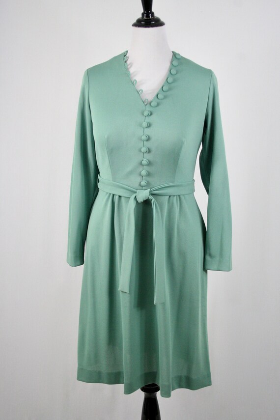 Vintage 1970s Dress Sage Green Knit Buttons Flare… - image 3