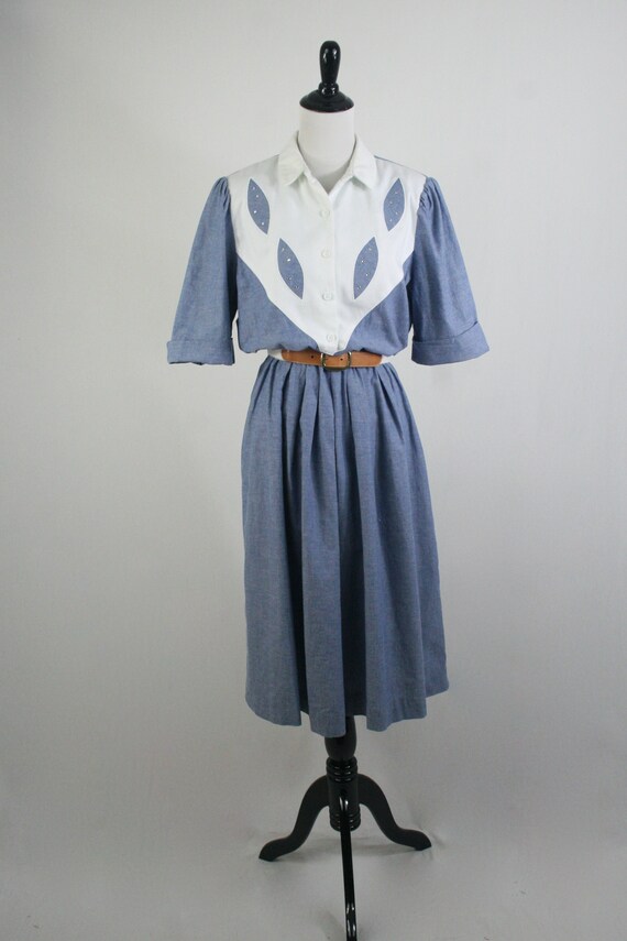 Vintage 1980s Dress Leslie Fay Chambray Shirt Dre… - image 2