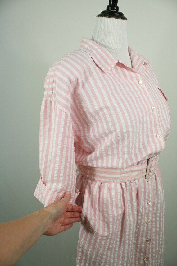 Vintage 1980s Dress Pink White Seersucker Shirt D… - image 6