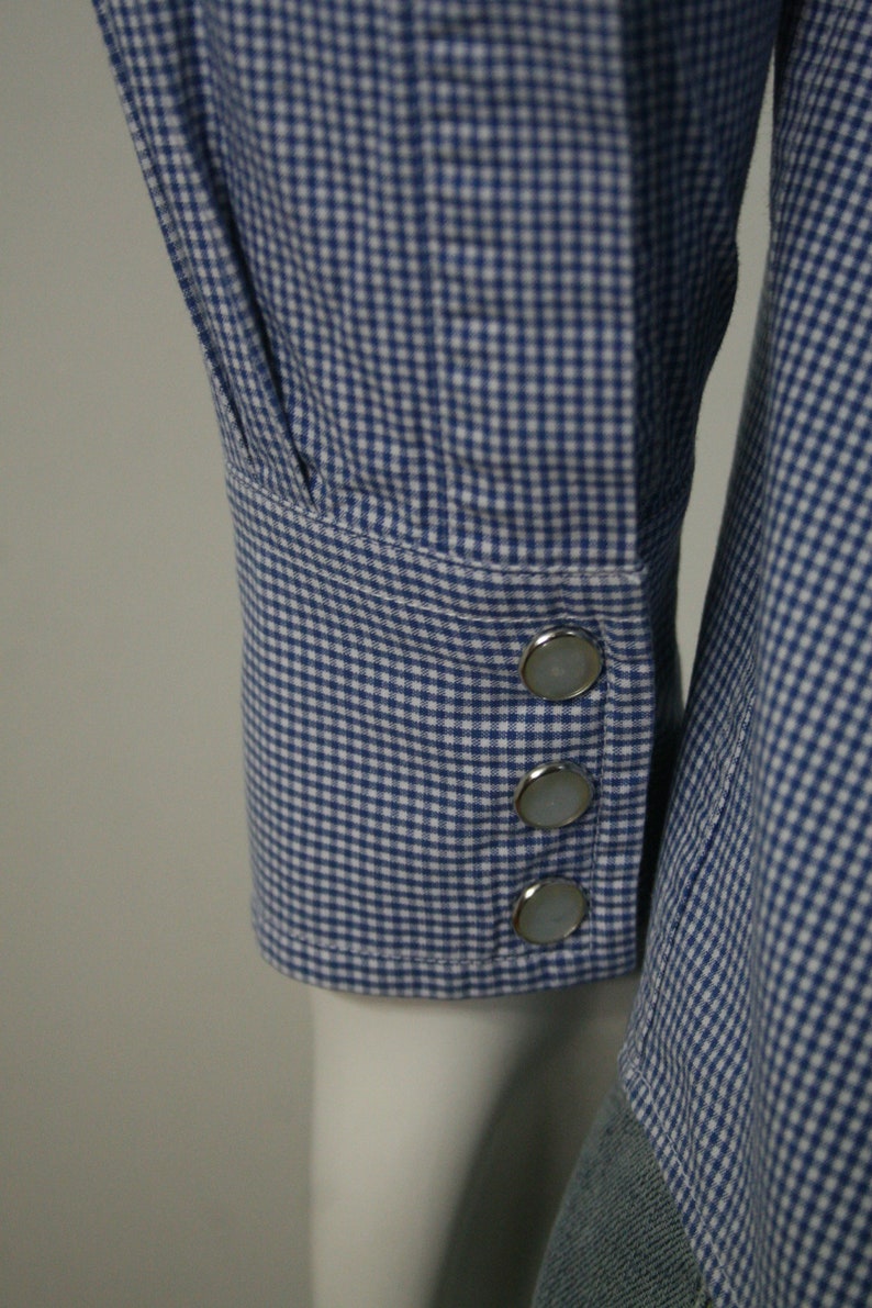 May include: A blue and white gingham shirt with a long sleeve and four silver buttons on the cuff.