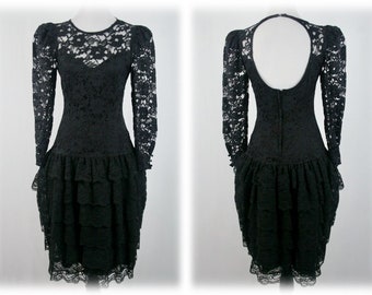 1980s Dress Black Lace Ruffled Skirt Keyhole Back Cachet Dress