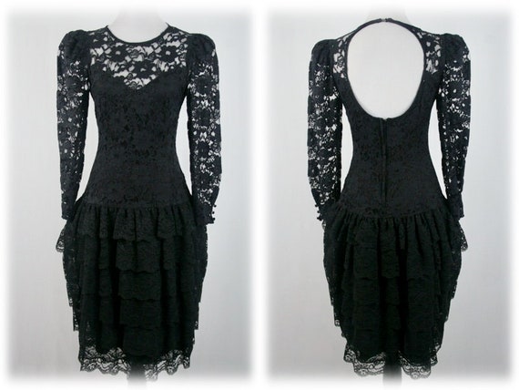1980s Dress Black Lace Ruffled Skirt Keyhole Back Cachet Dress - Etsy