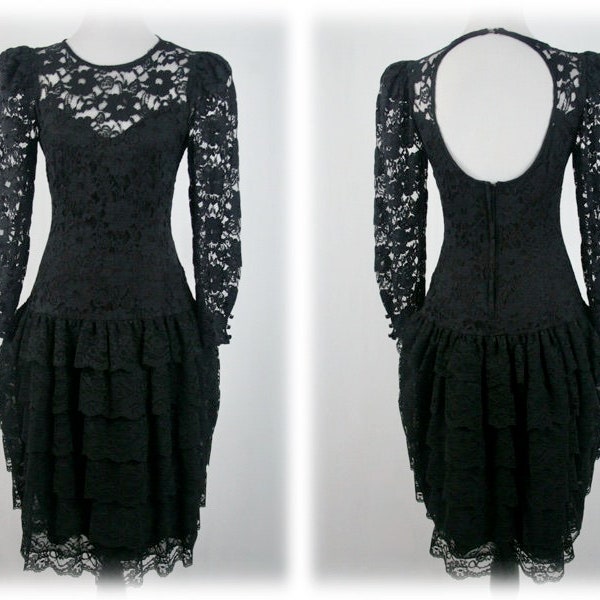 1980s Dress Black Lace Ruffled Skirt Keyhole Back Cachet Dress