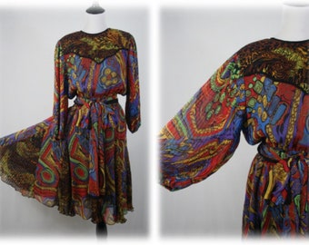 Vintage 80s Diane Freis Dress Matching Scarf Mixed Print Petite